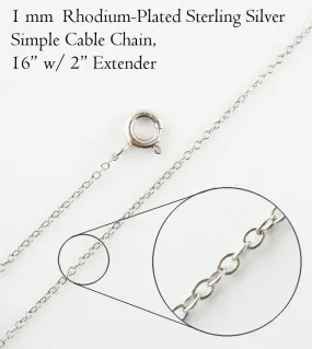 1 mm Simple Cable Chain, 16 w/ 2 Extender, Rhodium-Plated Sterling Silver