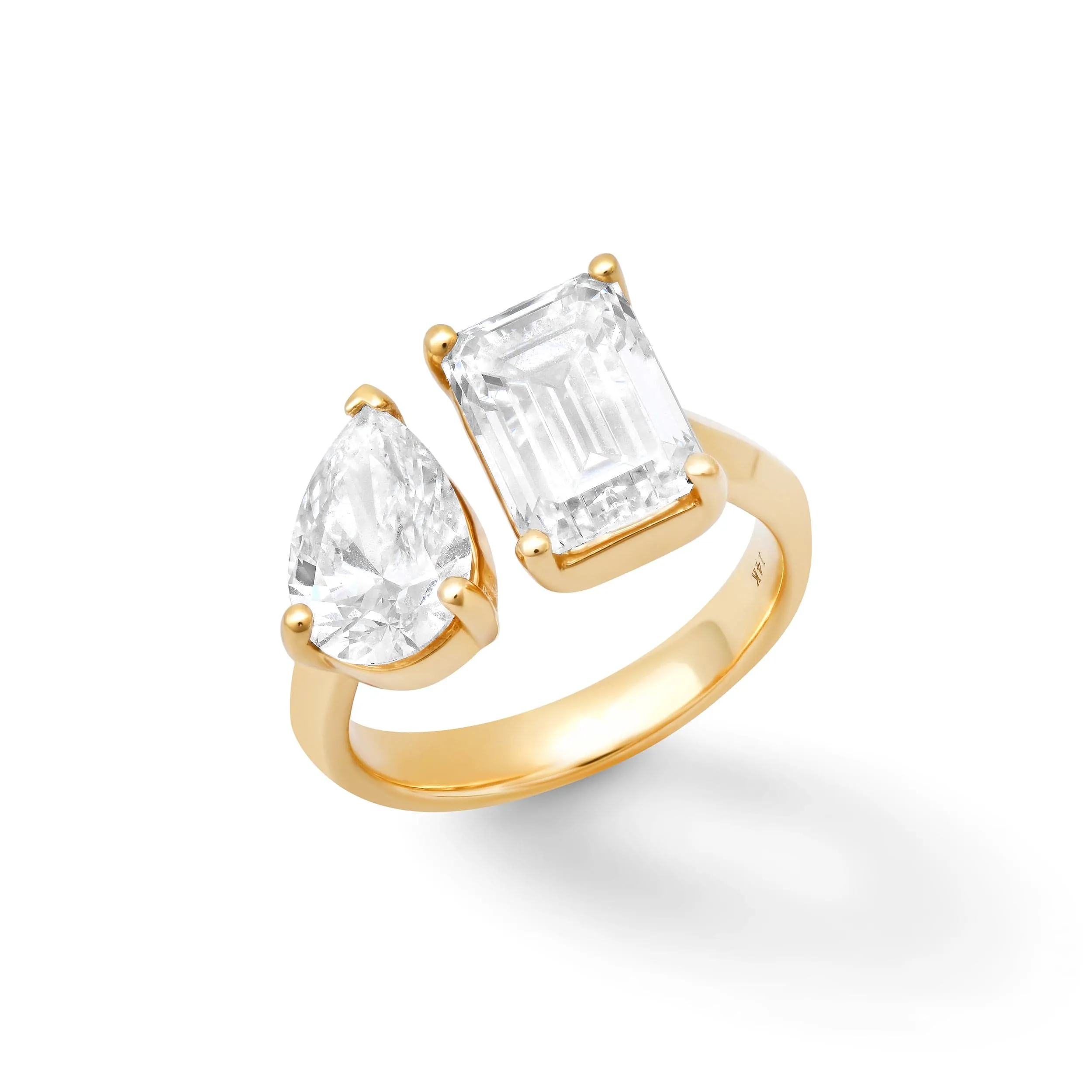 14K & 18K Gold Emerald Cut and Pear Cut Double Diamond Ring, Lab Grown