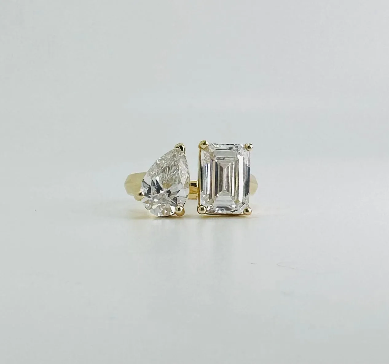 14K & 18K Gold Emerald Cut and Pear Cut Double Diamond Ring, Lab Grown