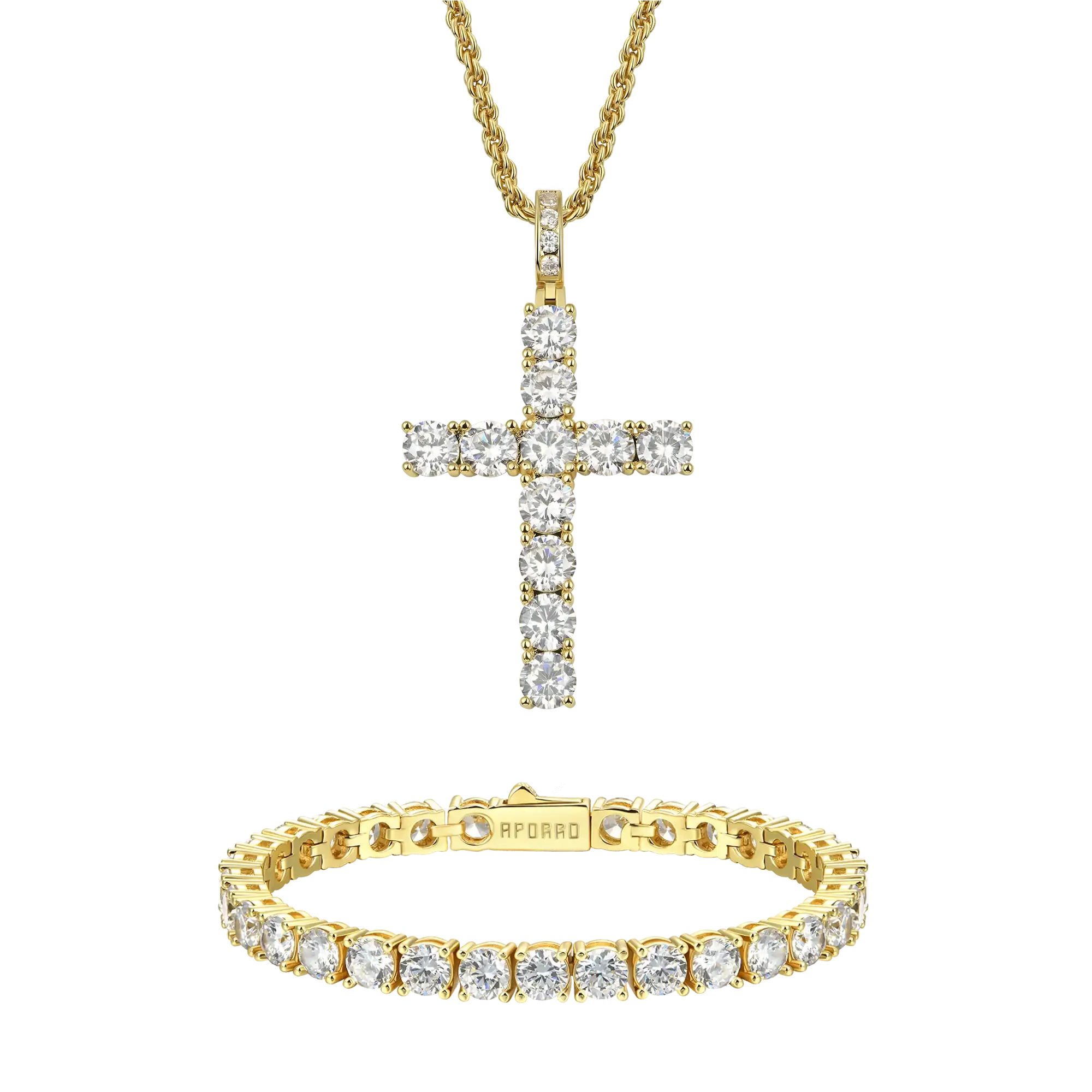 14K Gold Iced Tennis Cross Pendant and Tennis Bracelet Gift Set