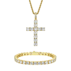 14K Gold Iced Tennis Cross Pendant and Tennis Bracelet Gift Set