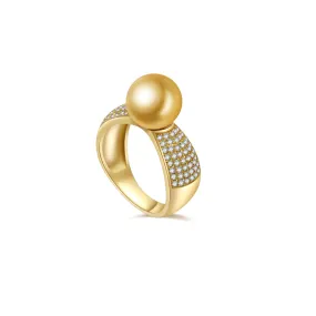 18K Solid Gold Diamond South Sea Golden Pearl Ring KR00048