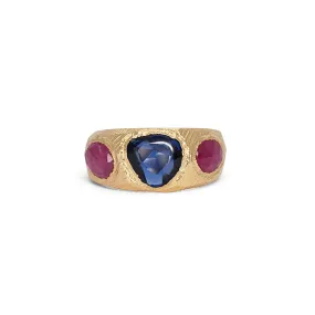 18K Three Stone Ring in Blue Sapphire and Ruby