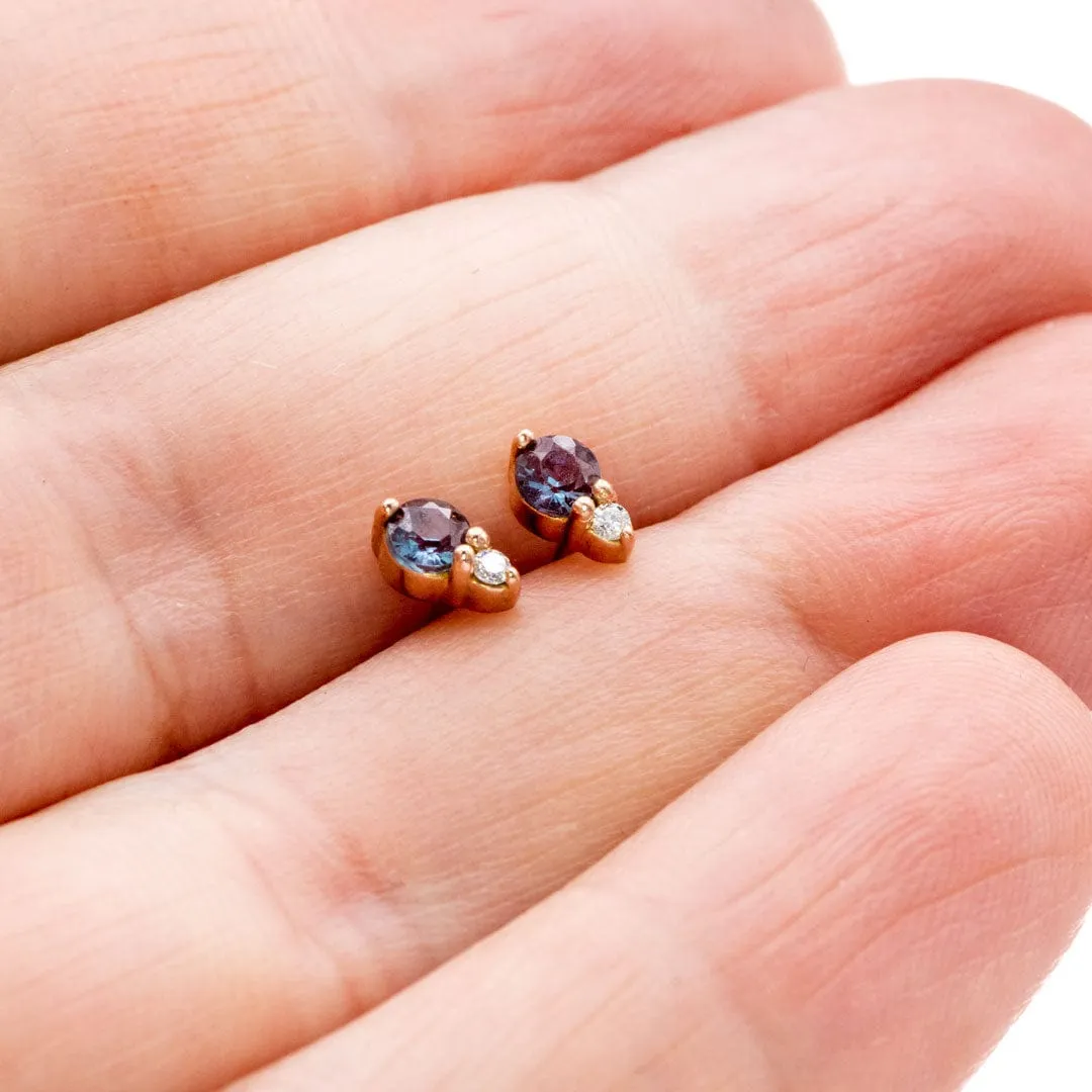 Alexandrite 14k Rose Gold Stud Earrings With Lab Diamond Accent, Ready to Ship