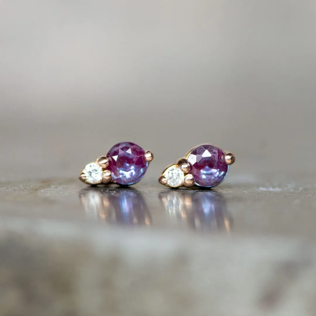 Alexandrite 14k Rose Gold Stud Earrings With Lab Diamond Accent, Ready to Ship