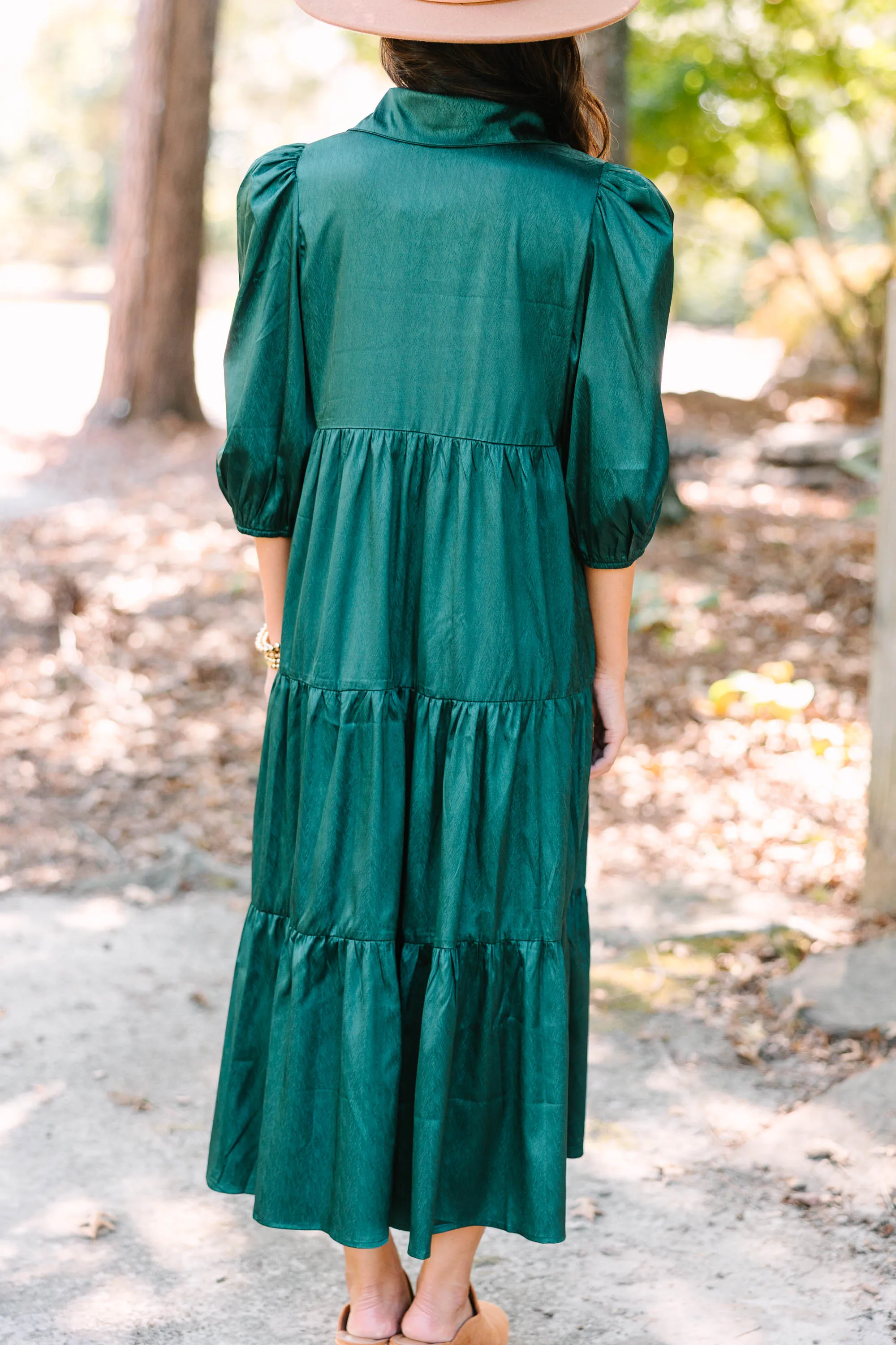 All The Love Hunter Green Satin Midi Dress