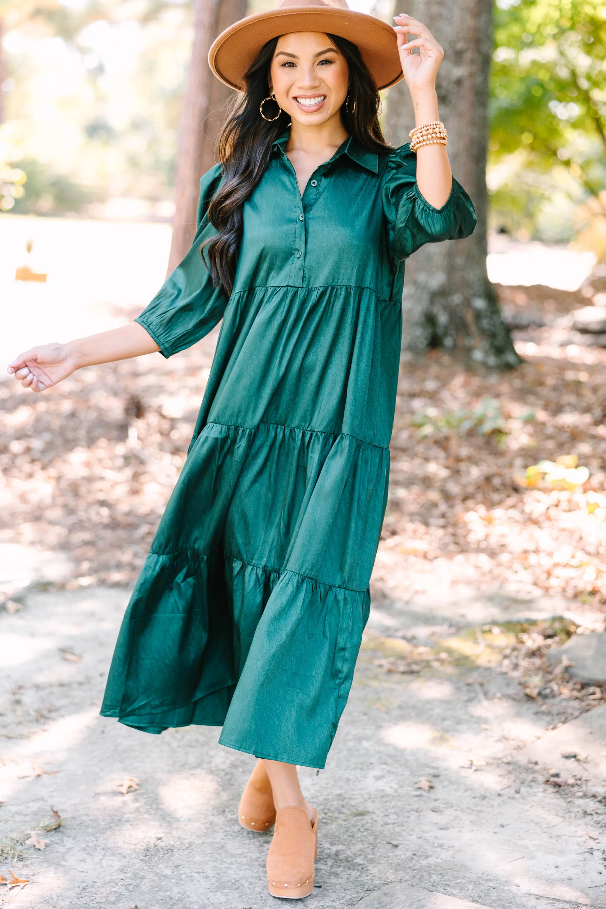 All The Love Hunter Green Satin Midi Dress