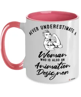 Animation Designer Mug Never Underestimate A Woman Who Is Also An Animation Designer Coffee Cup Two Tone Pink 11oz