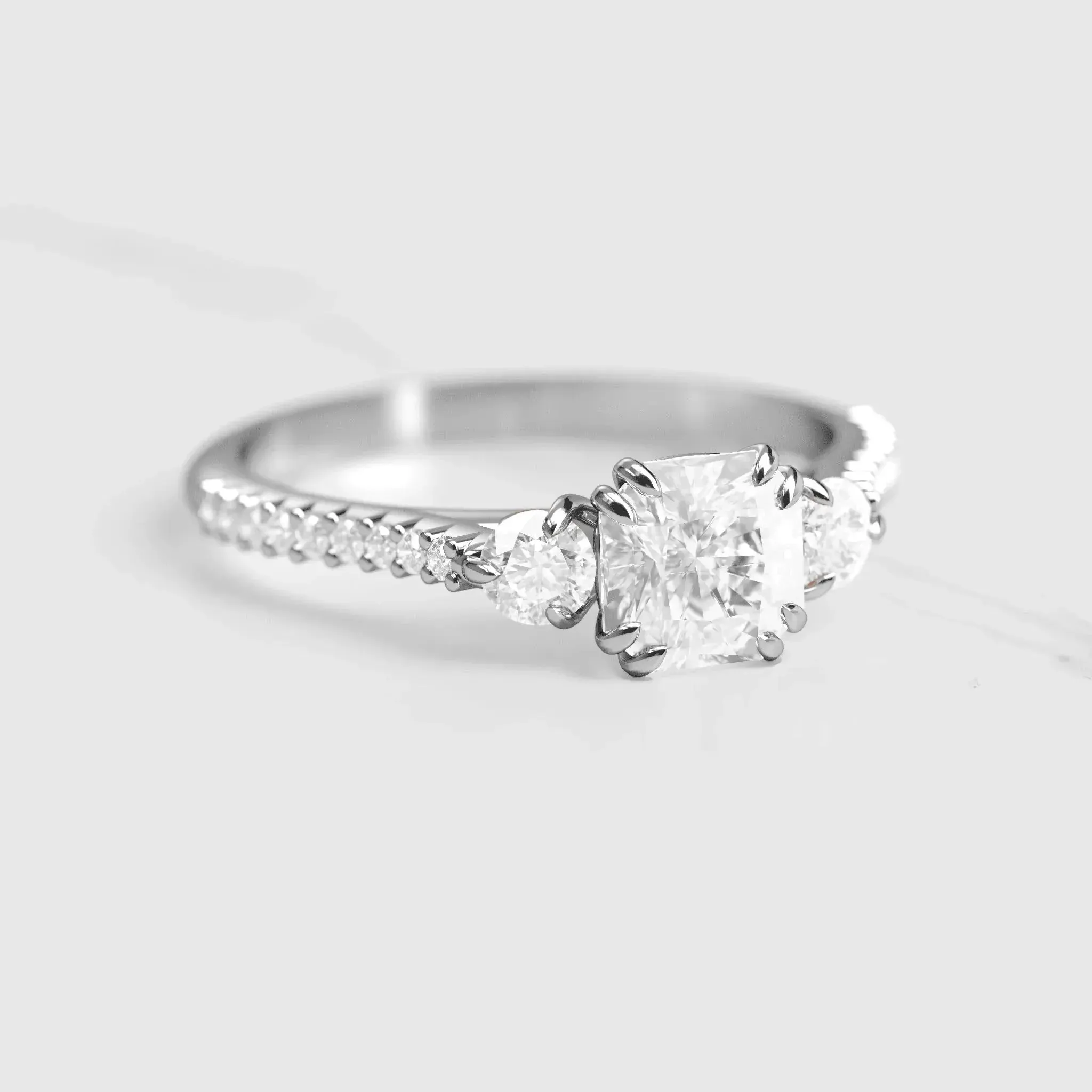 Asscher Half Pave Diamond Ring With Accent Stones