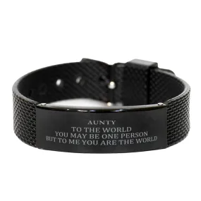 Aunty Gift. Birthday Meaningful Gifts for Aunty, To me You are the World. Standout Appreciation Gifts, Black Shark Mesh Bracelet for Aunty