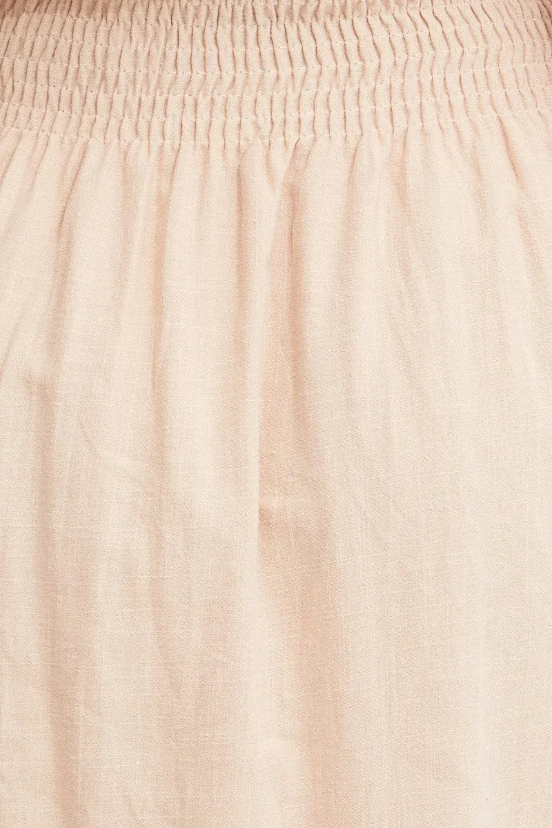 Beige Midi Dress Short Sleeve V Neck