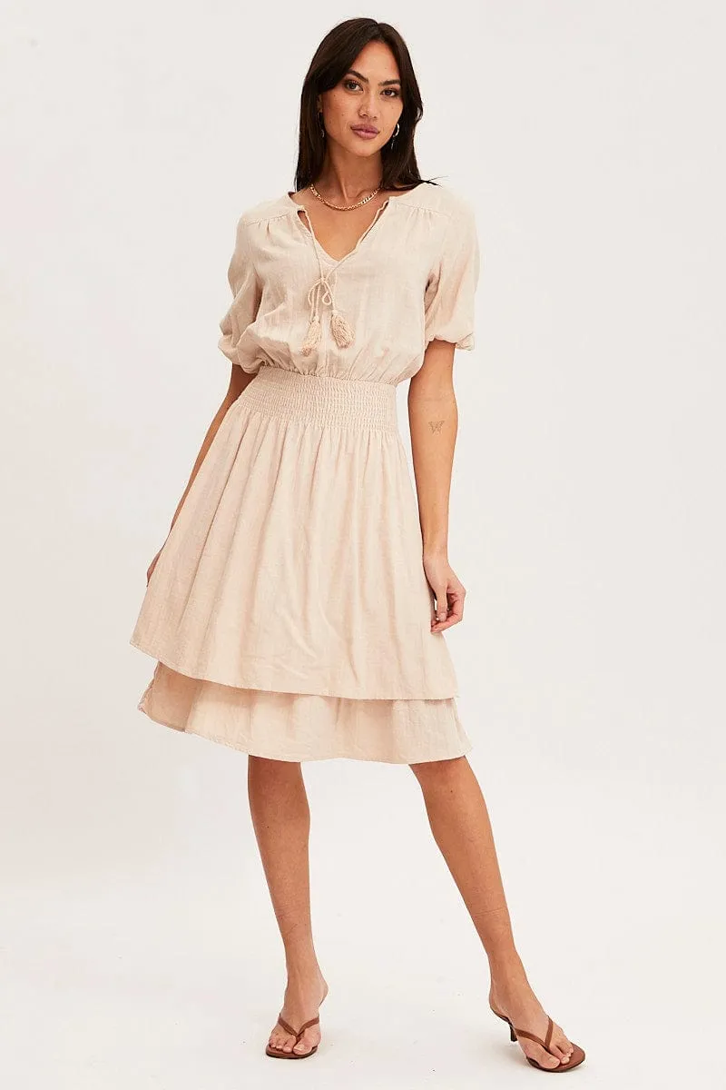 Beige Midi Dress Short Sleeve V Neck