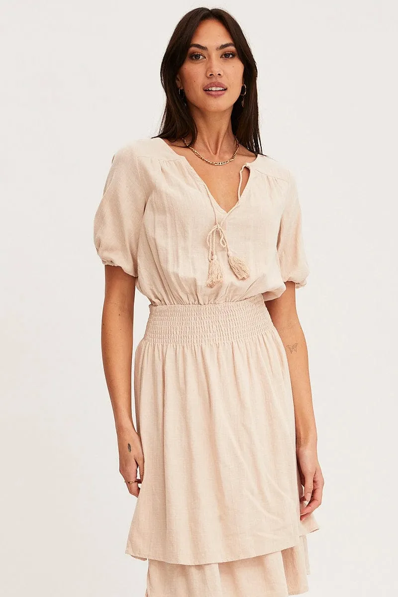 Beige Midi Dress Short Sleeve V Neck