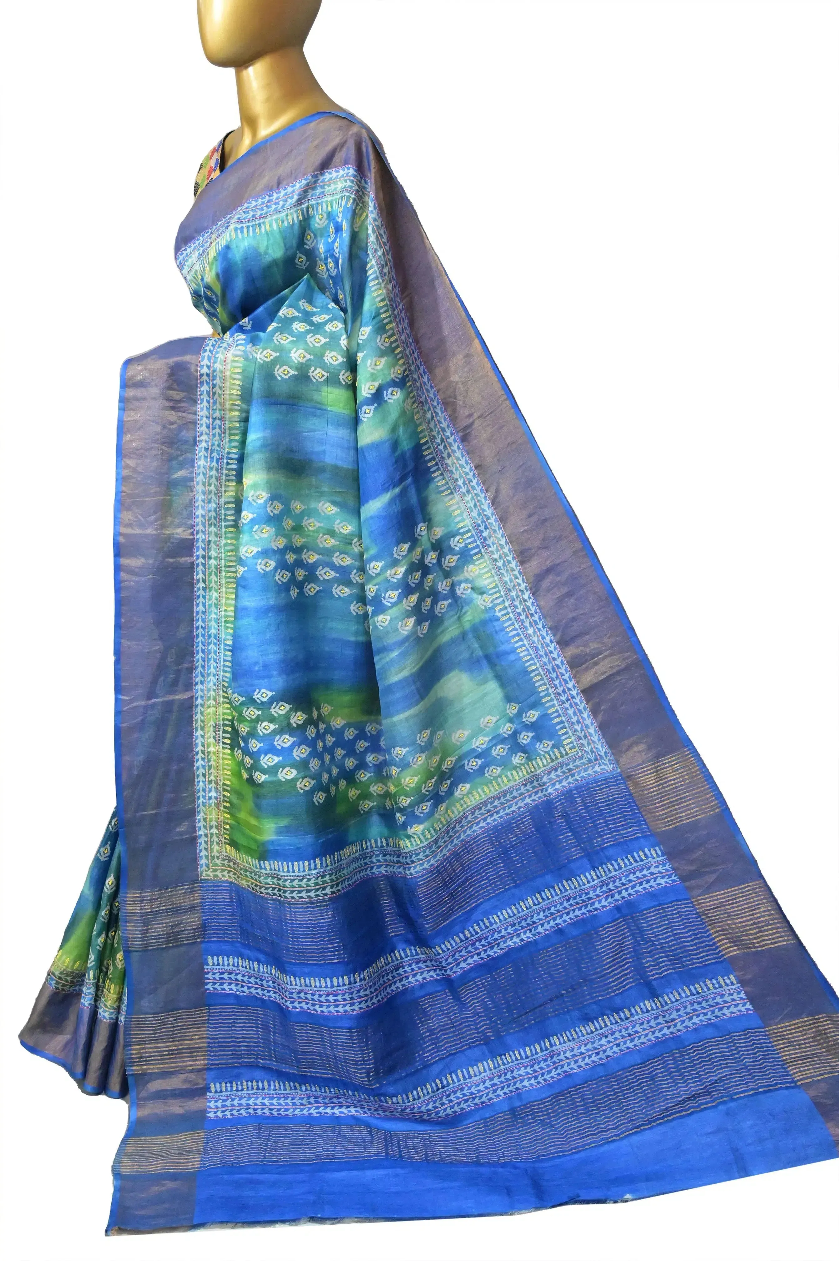 Blue and Multicolored Tussar Silk Saree with Zari Border and Hand Block and Kantha Stitch Work