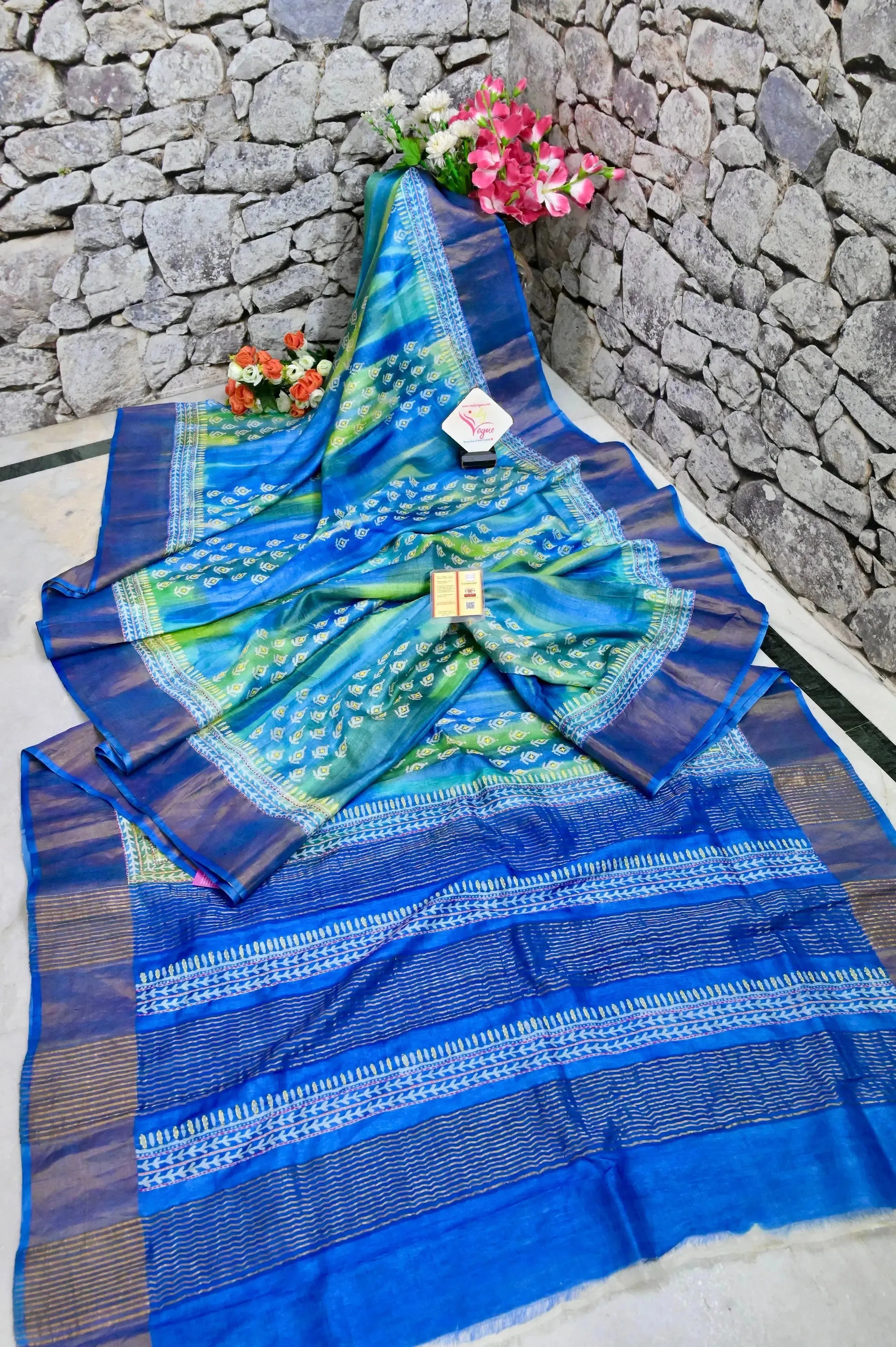 Blue and Multicolored Tussar Silk Saree with Zari Border and Hand Block and Kantha Stitch Work