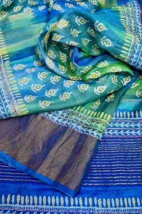 Blue and Multicolored Tussar Silk Saree with Zari Border and Hand Block and Kantha Stitch Work