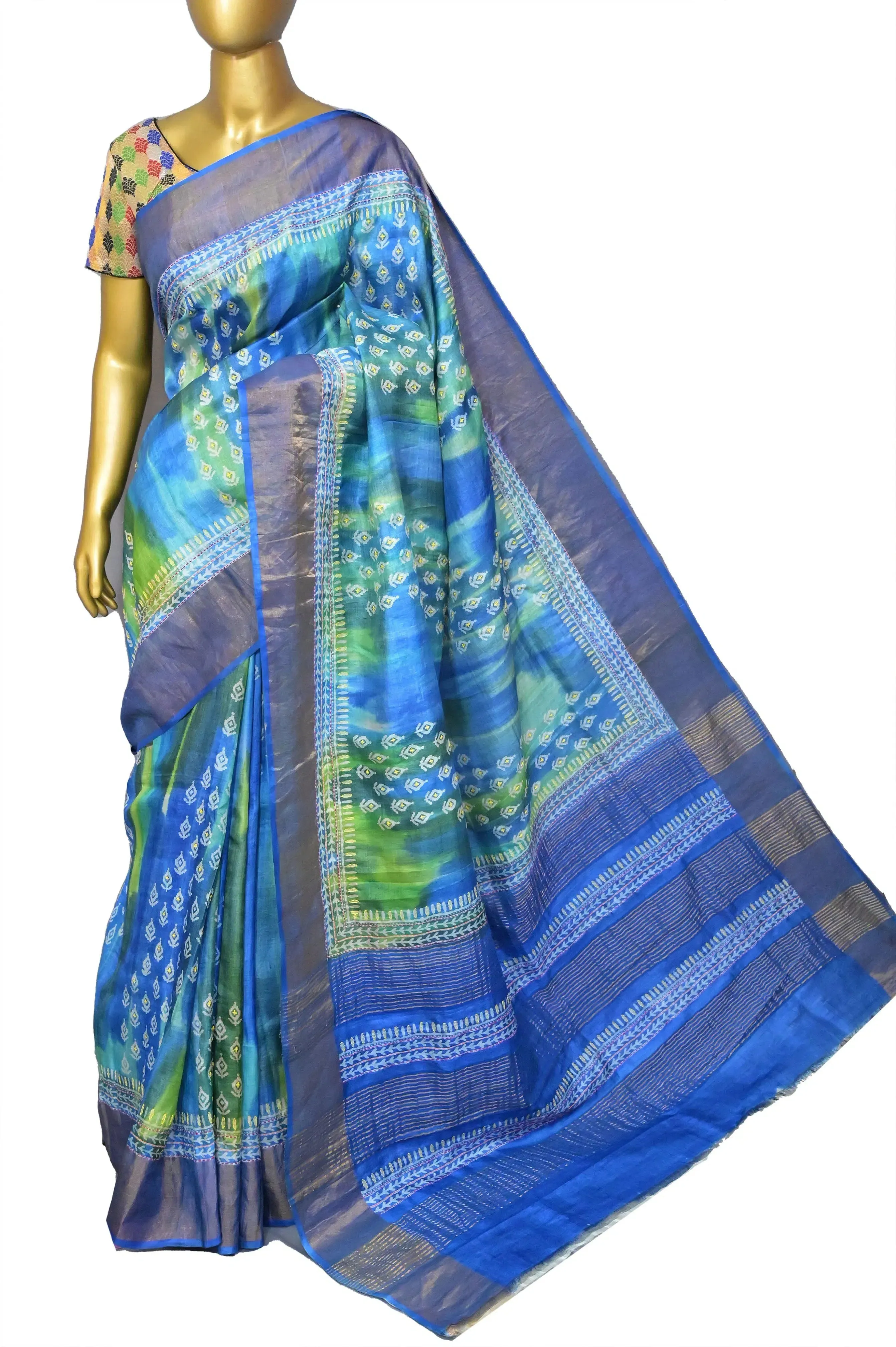 Blue and Multicolored Tussar Silk Saree with Zari Border and Hand Block and Kantha Stitch Work