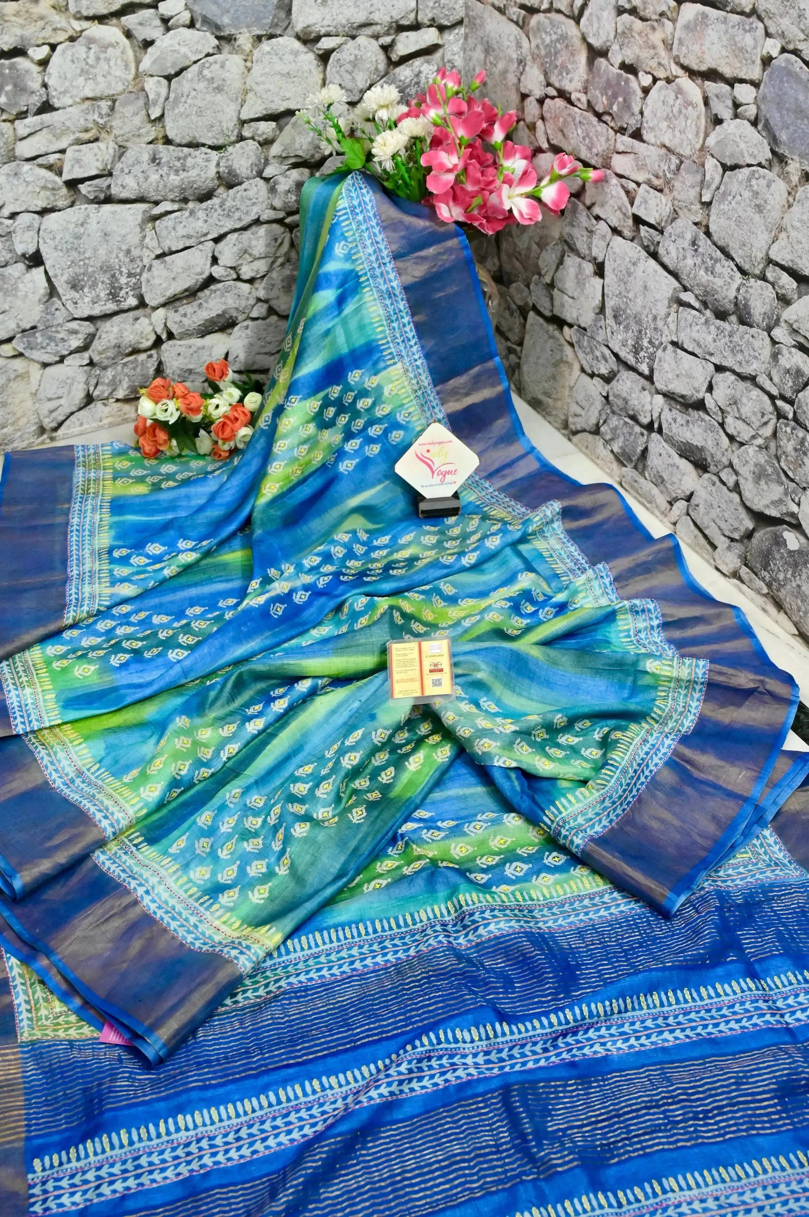 Blue and Multicolored Tussar Silk Saree with Zari Border and Hand Block and Kantha Stitch Work