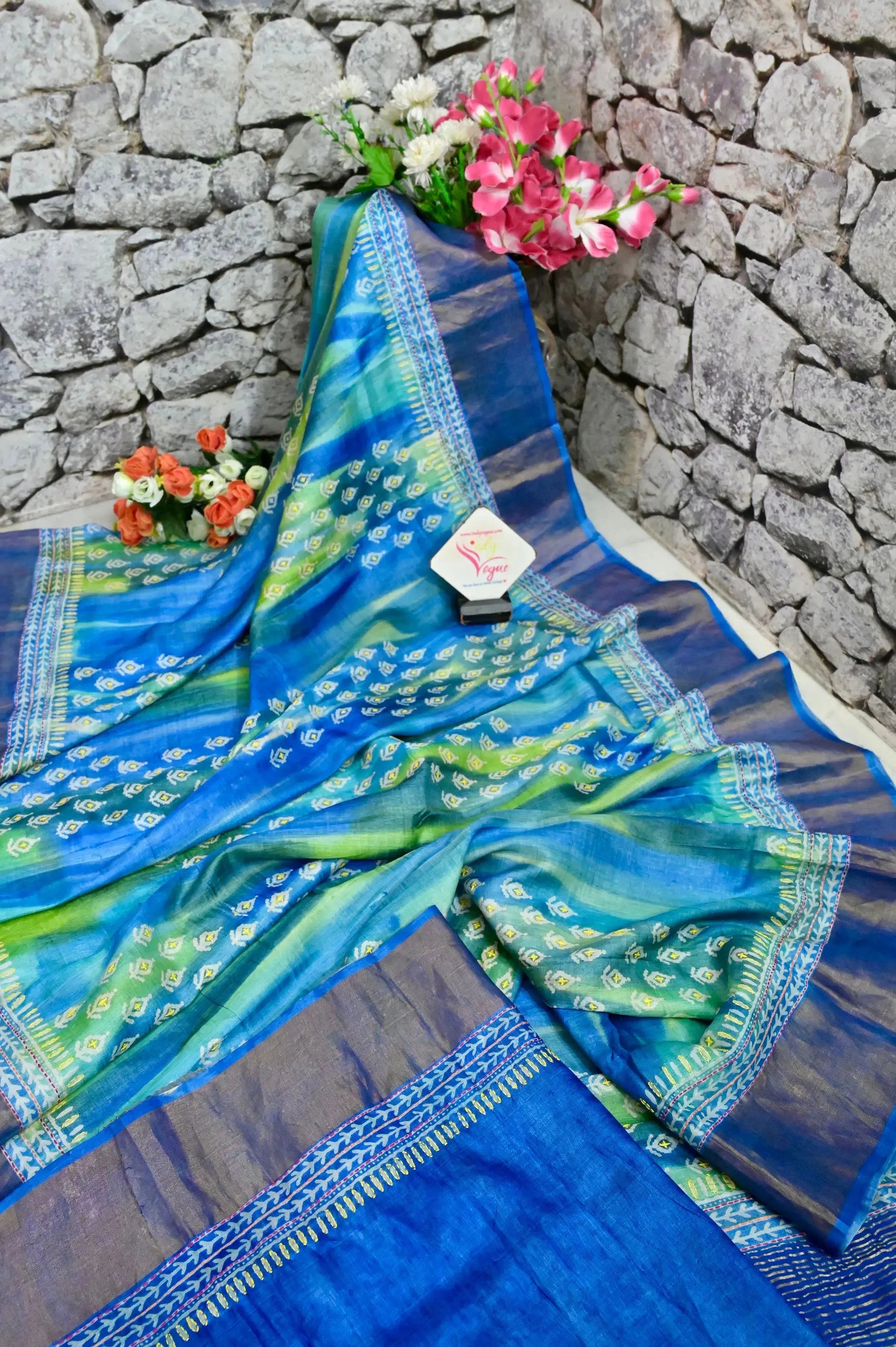 Blue and Multicolored Tussar Silk Saree with Zari Border and Hand Block and Kantha Stitch Work