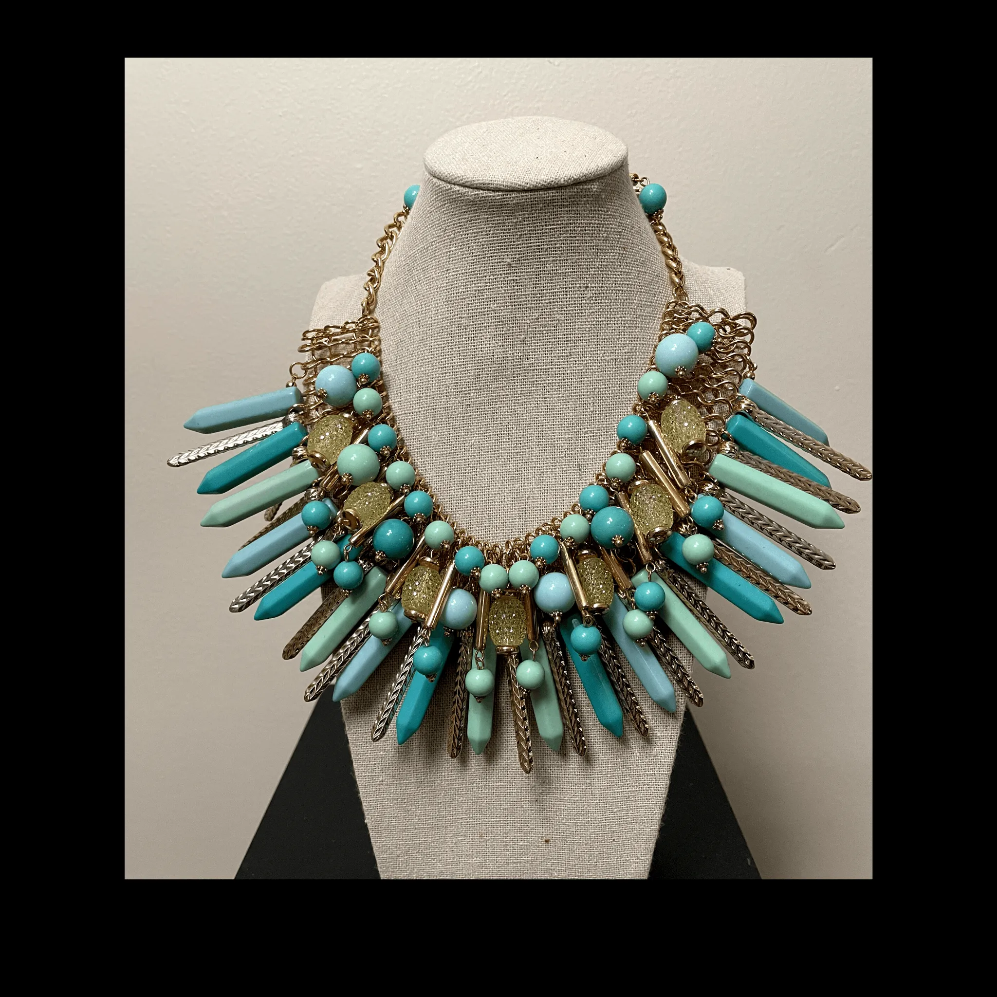 Blue Green Tribal Statement Necklace and Earring Set