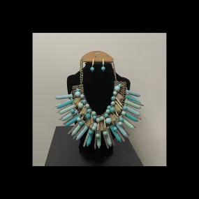 Blue Green Tribal Statement Necklace and Earring Set