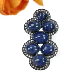 BLUE SAPPHIRE Gemstone With CZ Pendant: 18.130gms Natural Oval Cabochon 925 Sterling Silver Bezel Set Victorian Style Pendant 2"