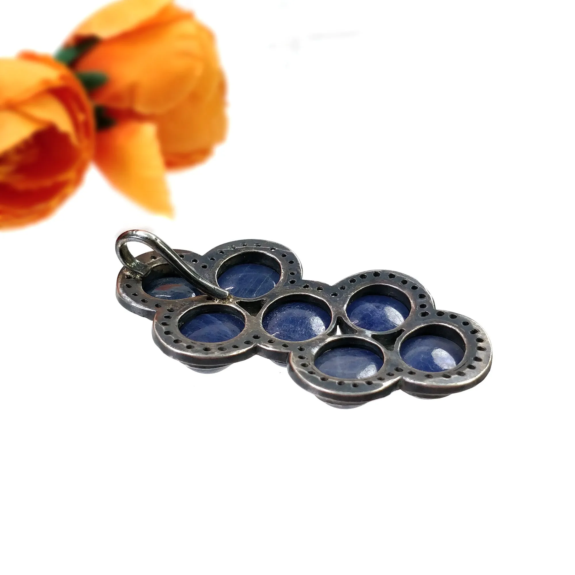 BLUE SAPPHIRE Gemstone With CZ Pendant: 18.130gms Natural Oval Cabochon 925 Sterling Silver Bezel Set Victorian Style Pendant 2"