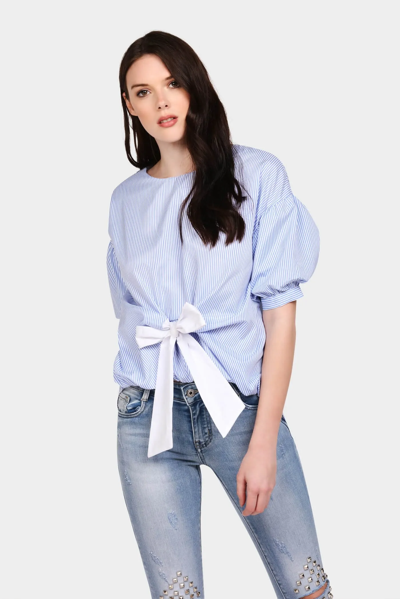 Blue/White Stripe Puff Sleeve Tie Front Top