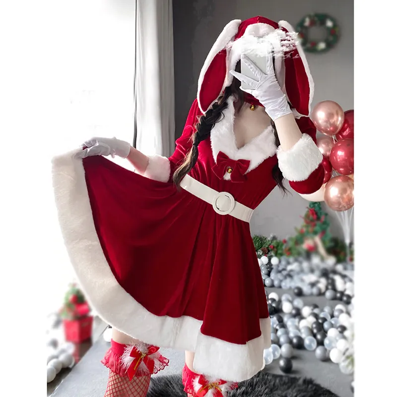 Bunny Ears Bow Knot Hooded Dress Set Christmas