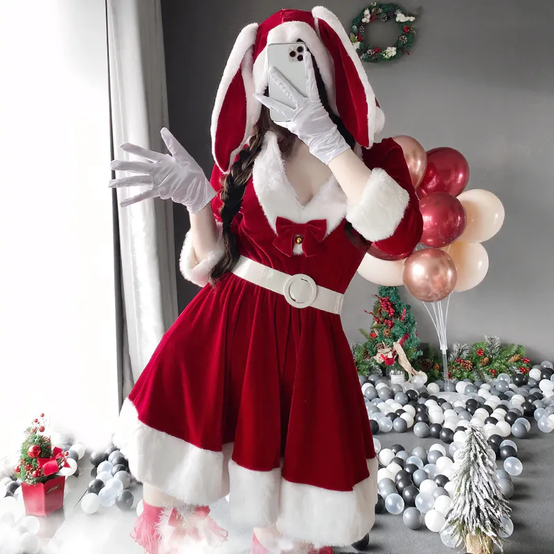 Bunny Ears Bow Knot Hooded Dress Set Christmas