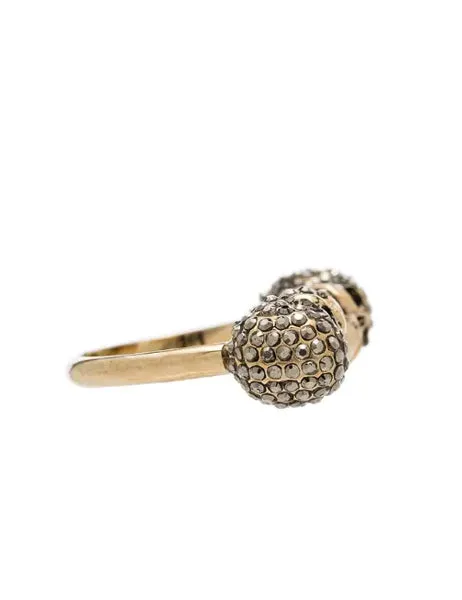 Crystal Twin Skull Ring, Gold