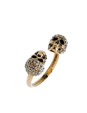 Crystal Twin Skull Ring, Gold