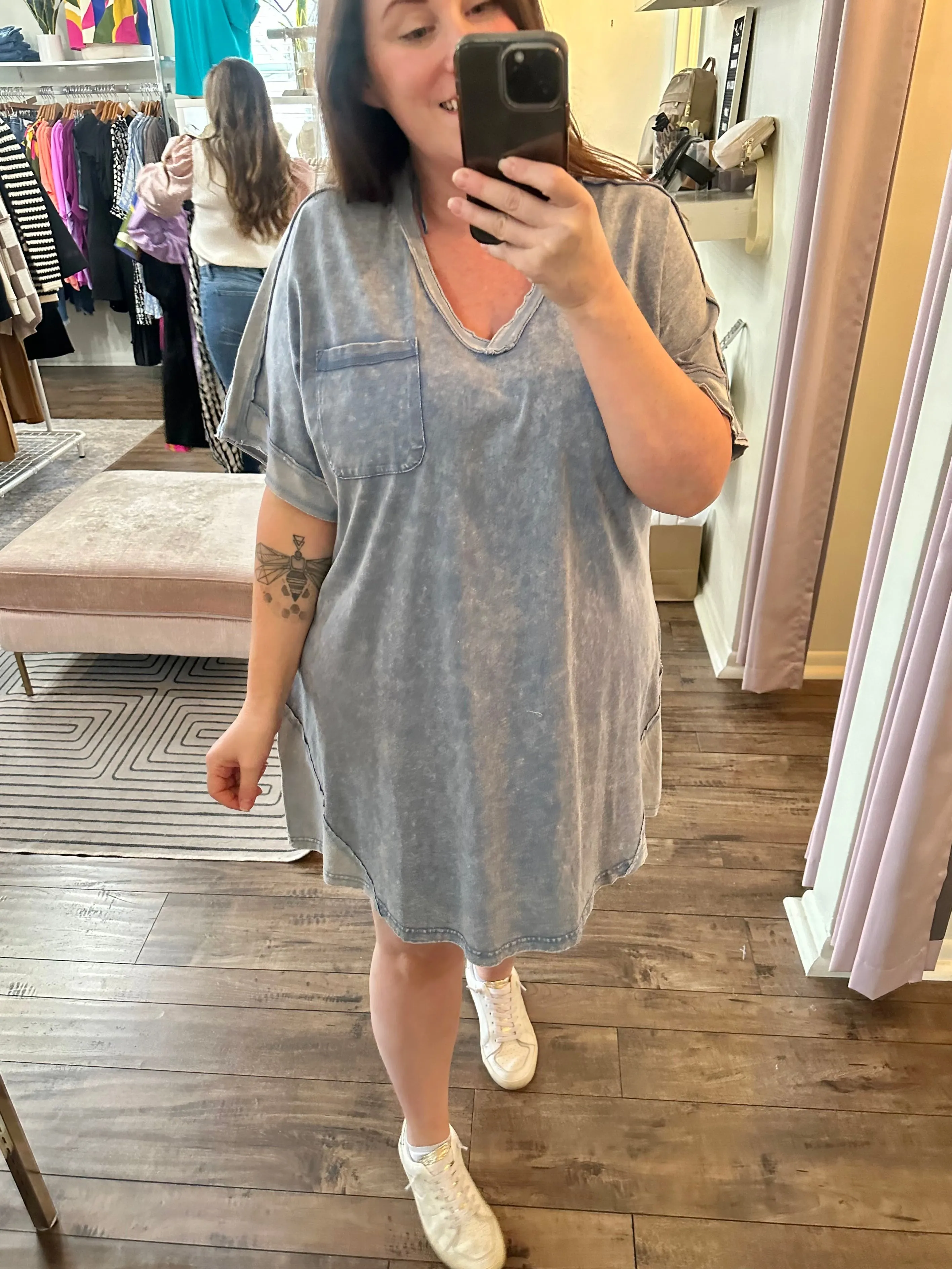 Curvy Acid Wash V-Neck Shirt Dress