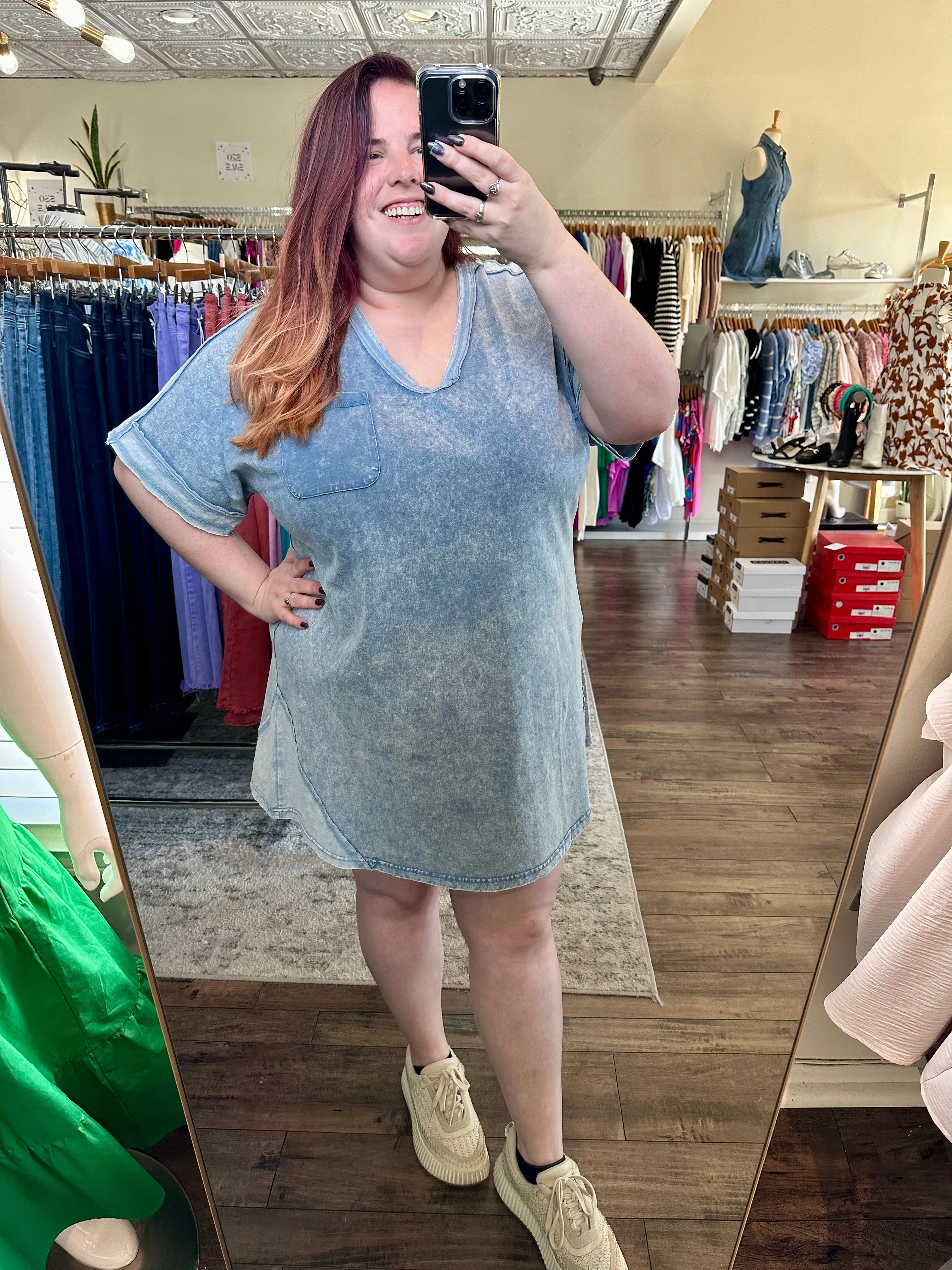 Curvy Acid Wash V-Neck Shirt Dress