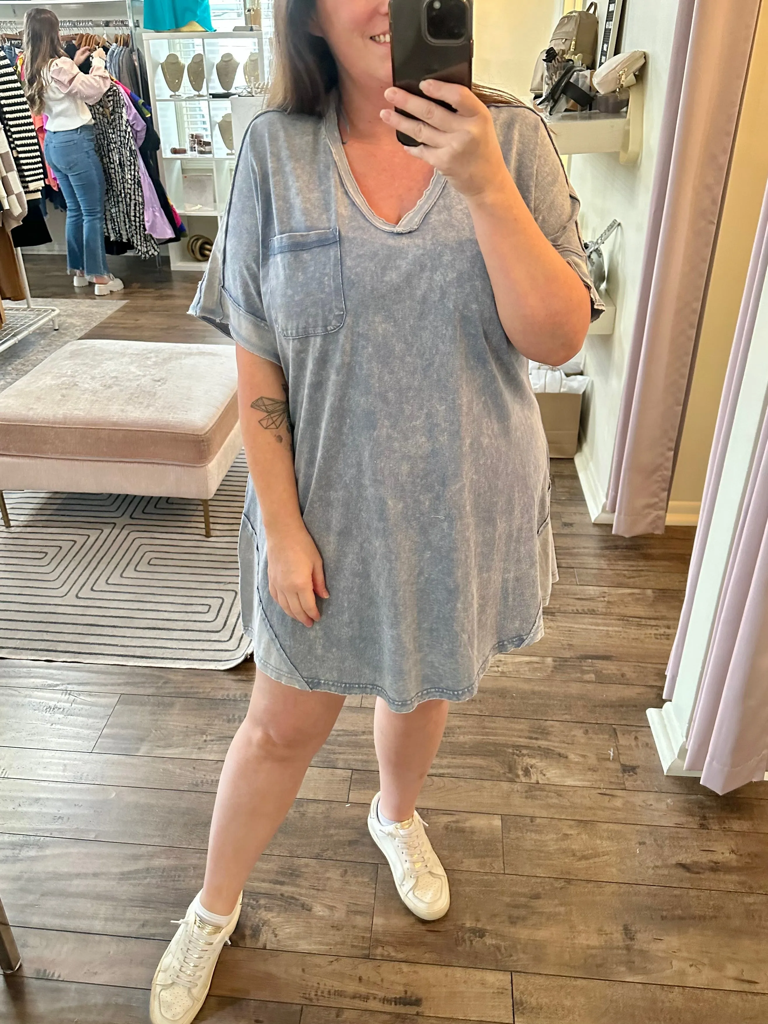 Curvy Acid Wash V-Neck Shirt Dress