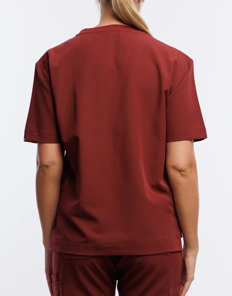 Essential Crewneck Scrub Top - Bordeaux Red