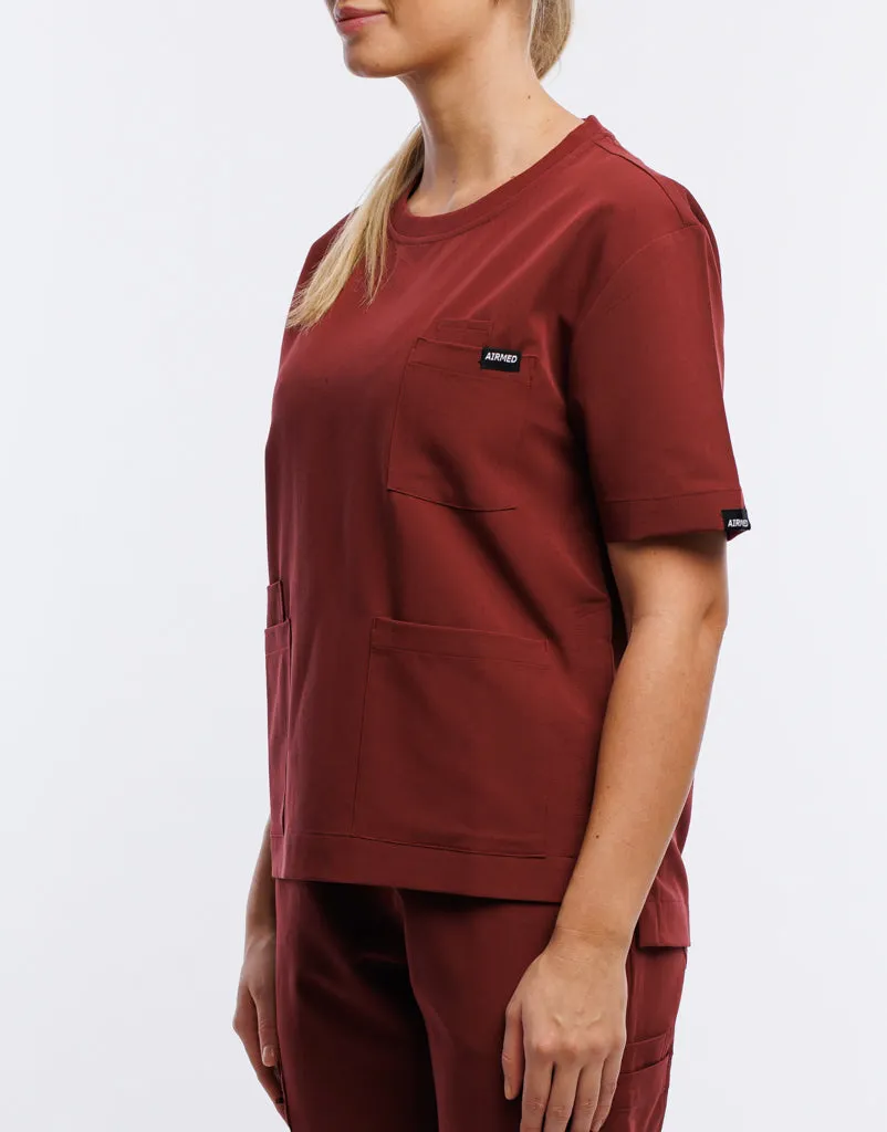 Essential Crewneck Scrub Top - Bordeaux Red