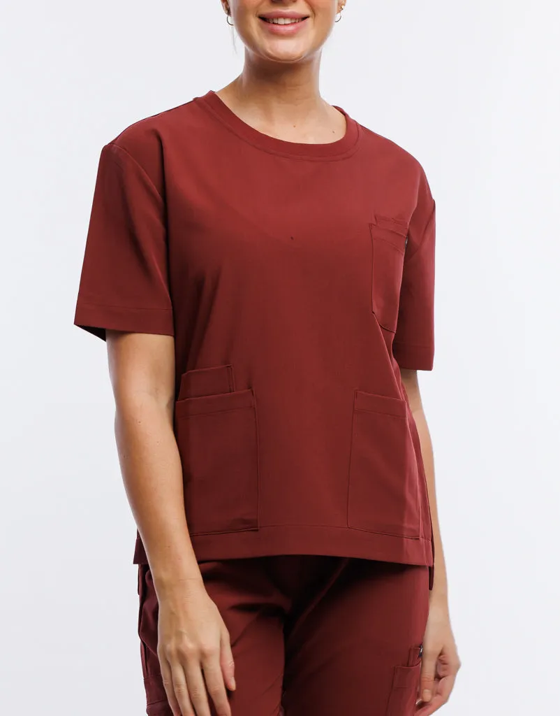 Essential Crewneck Scrub Top - Bordeaux Red