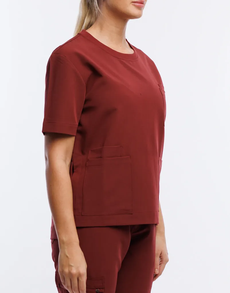 Essential Crewneck Scrub Top - Bordeaux Red