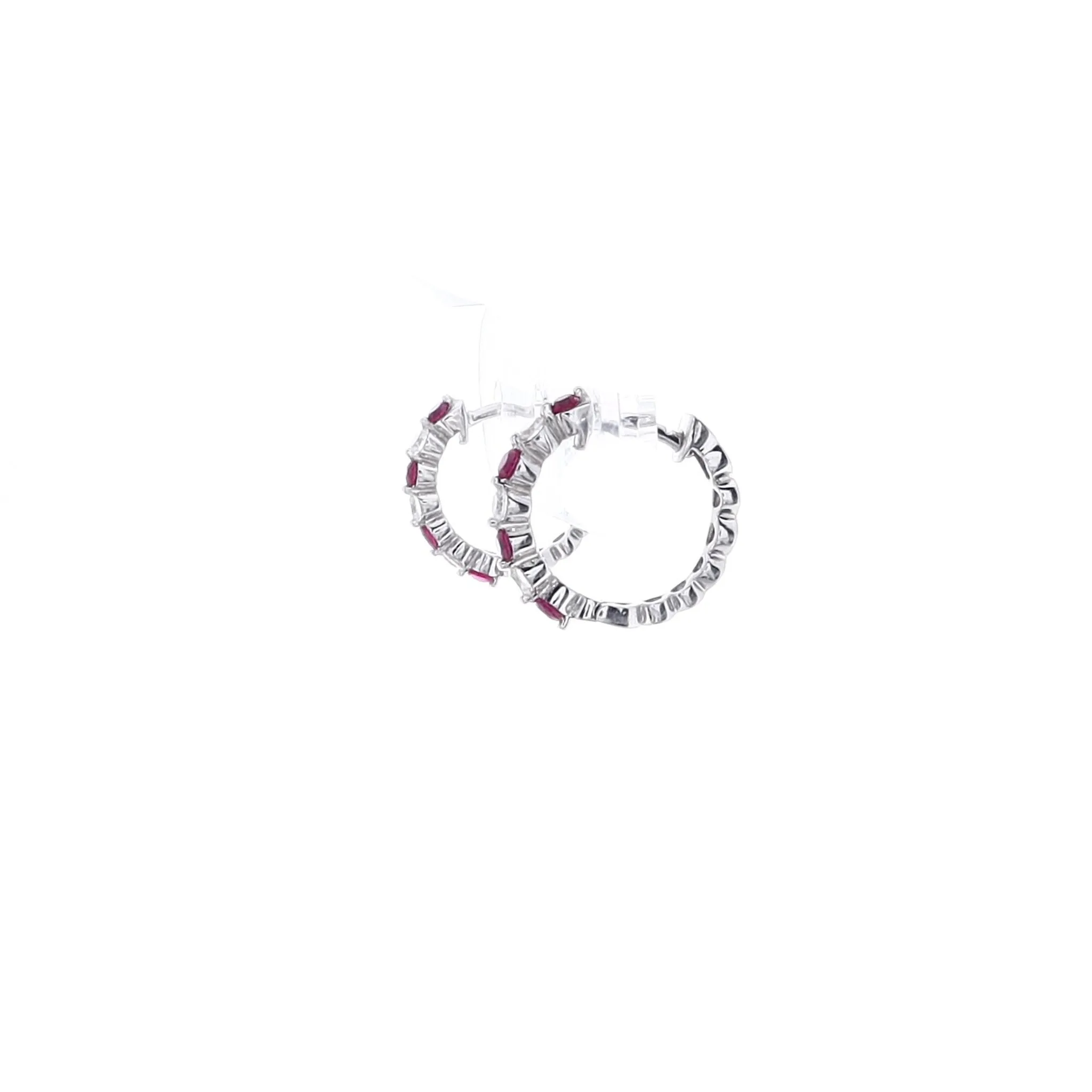 Estate 14k White Gold Alternating Ruby and Diamond Huggies Hoop Earrings