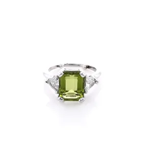 Estate 14k White Gold Three Across Emerald Cut Periodot and Diamond Ring