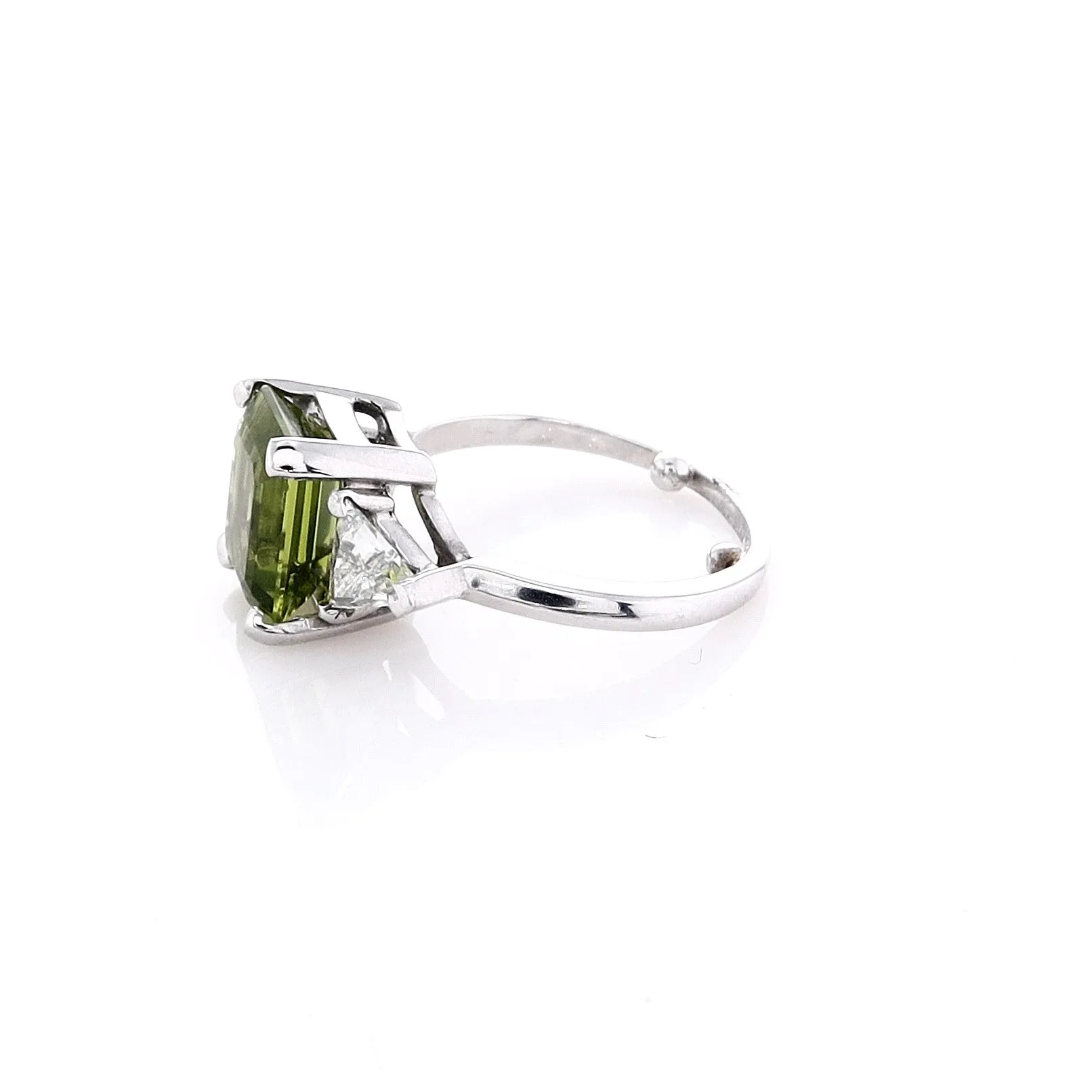 Estate 14k White Gold Three Across Emerald Cut Periodot and Diamond Ring