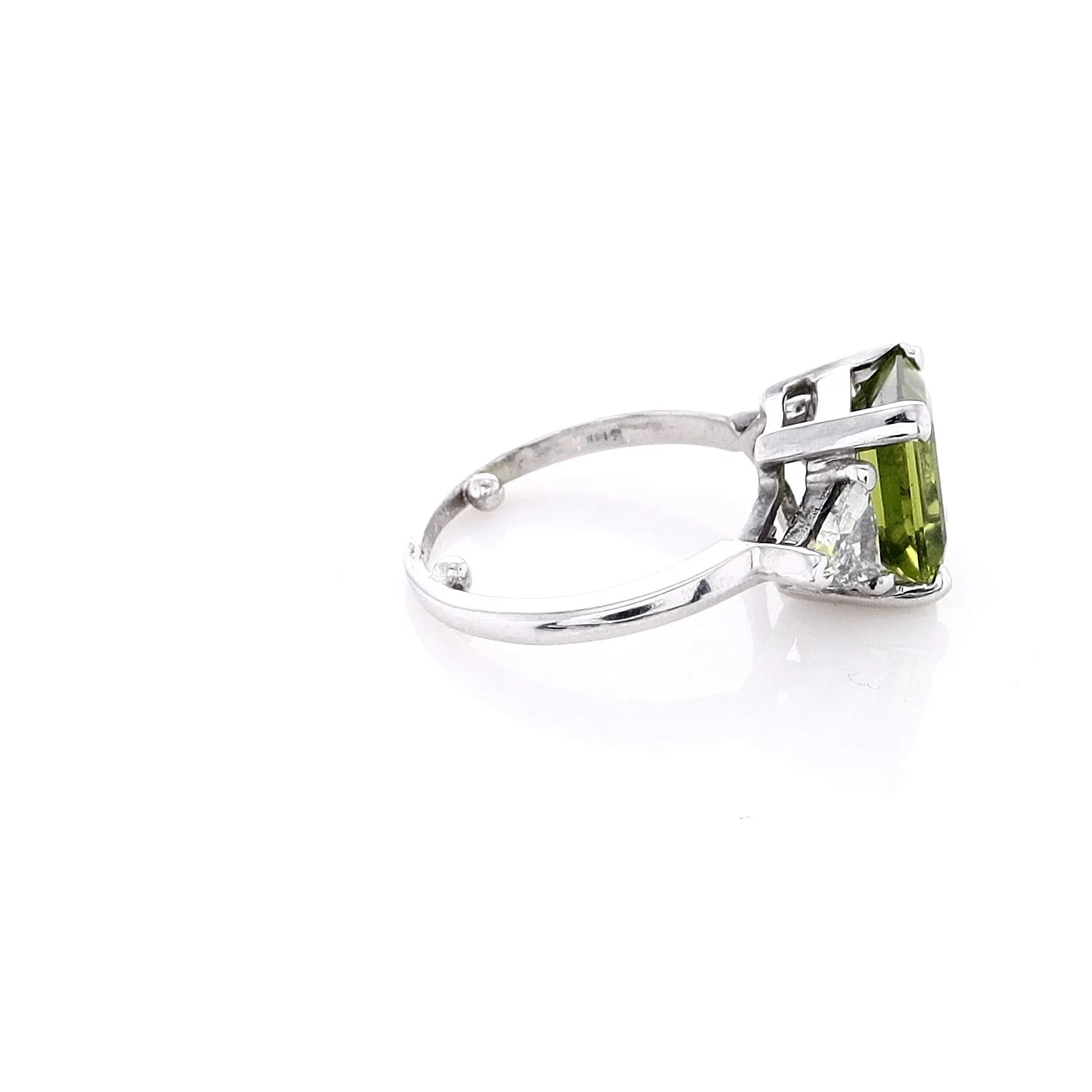 Estate 14k White Gold Three Across Emerald Cut Periodot and Diamond Ring