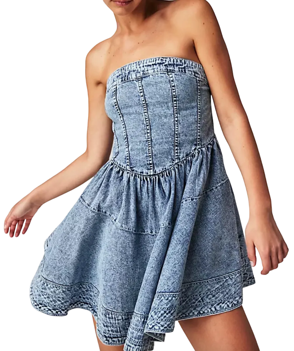 Free People Blue Candace Corset Denim Mini Dress UK M