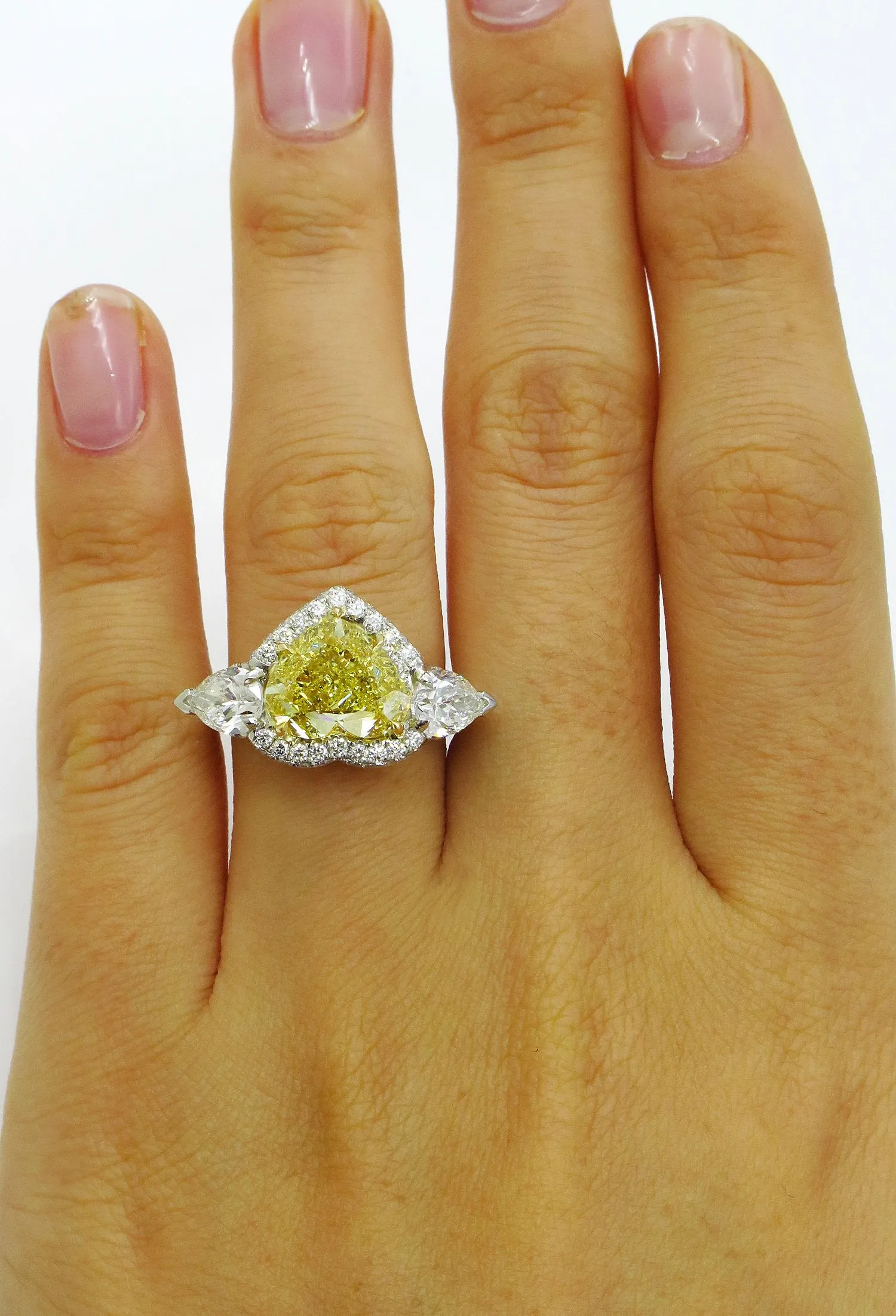 GIA “Canary” 6.16ctw Natural Fancy YELLOW HEART & Pear Shaped Diamond 3 Stone Halo Pave Ring