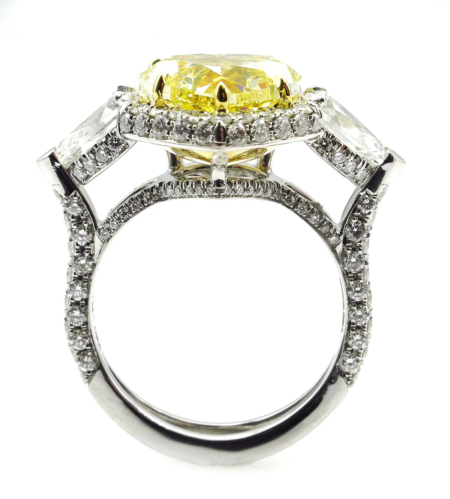 GIA “Canary” 6.16ctw Natural Fancy YELLOW HEART & Pear Shaped Diamond 3 Stone Halo Pave Ring