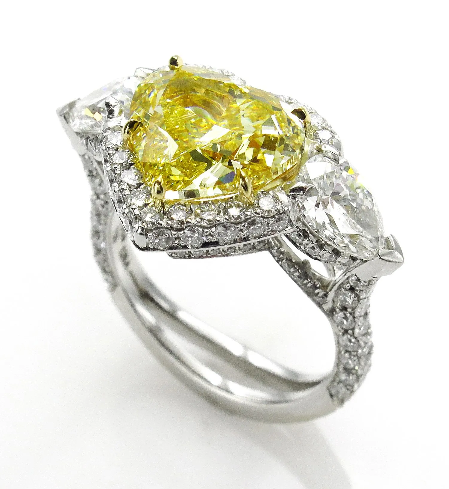 GIA “Canary” 6.16ctw Natural Fancy YELLOW HEART & Pear Shaped Diamond 3 Stone Halo Pave Ring