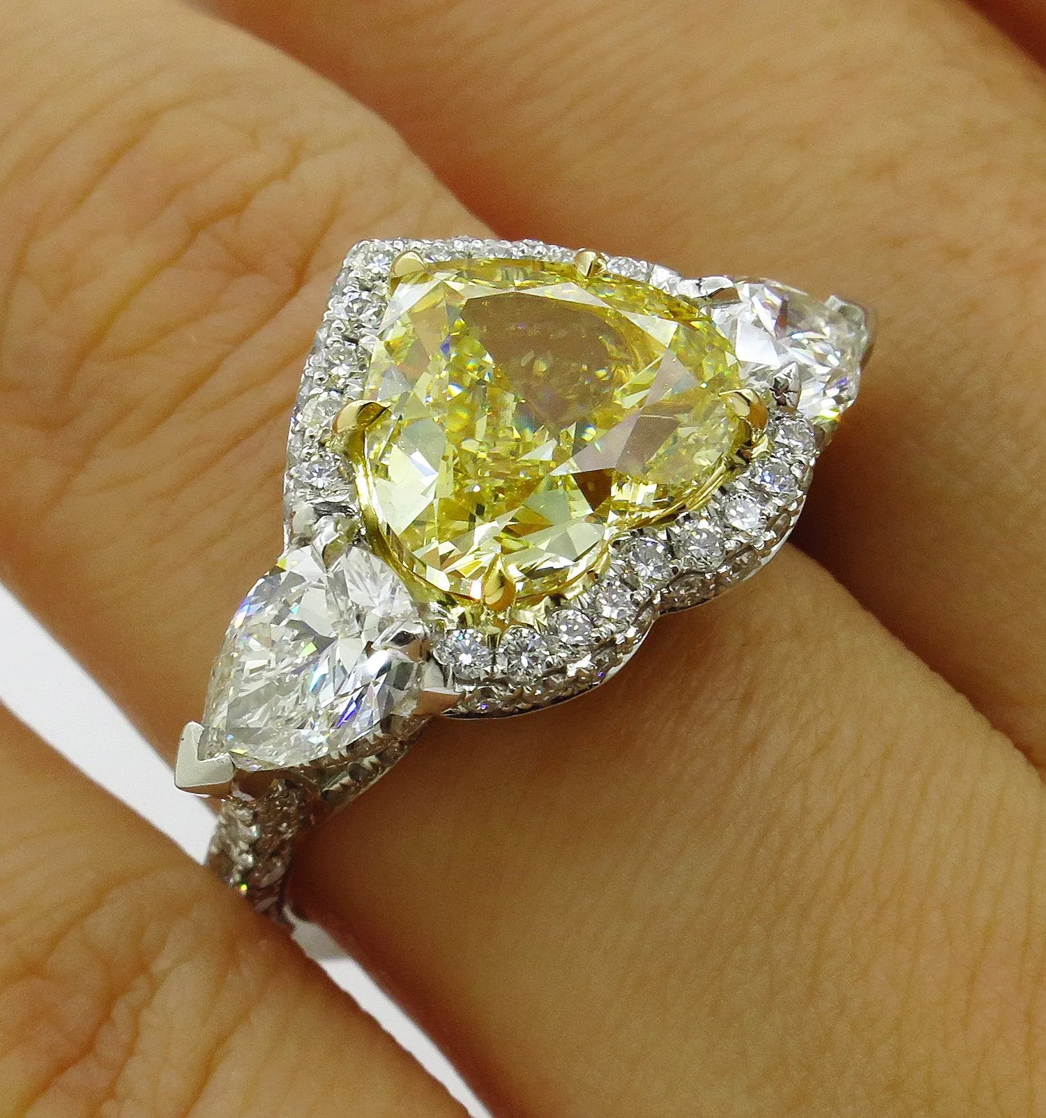 GIA “Canary” 6.16ctw Natural Fancy YELLOW HEART & Pear Shaped Diamond 3 Stone Halo Pave Ring