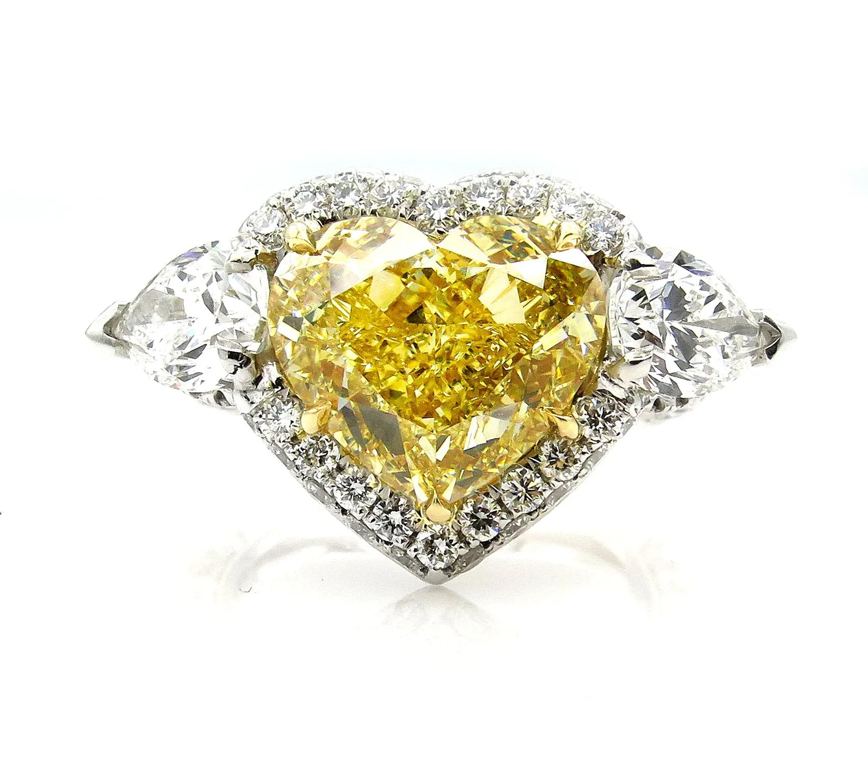 GIA “Canary” 6.16ctw Natural Fancy YELLOW HEART & Pear Shaped Diamond 3 Stone Halo Pave Ring