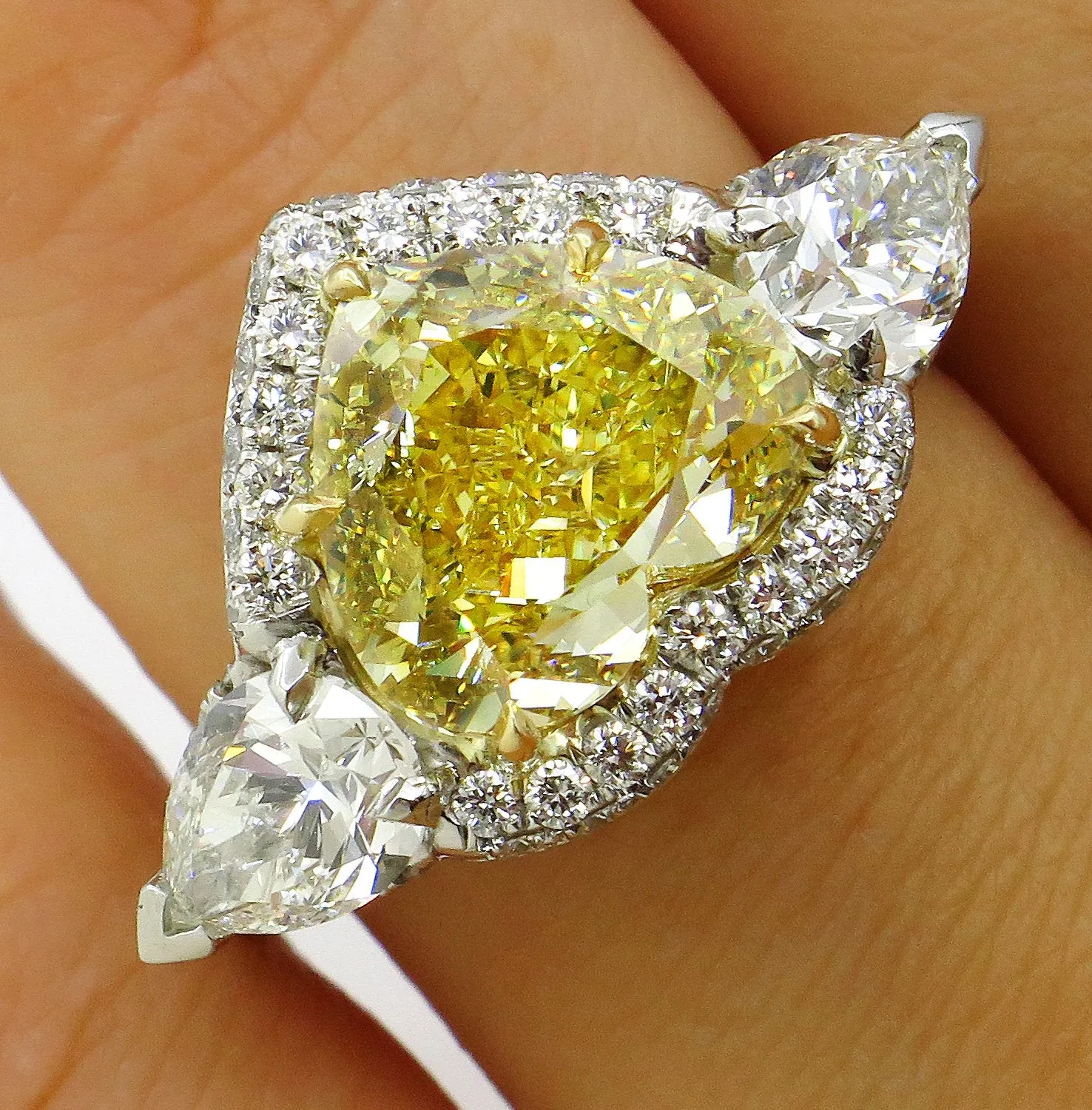 GIA “Canary” 6.16ctw Natural Fancy YELLOW HEART & Pear Shaped Diamond 3 Stone Halo Pave Ring